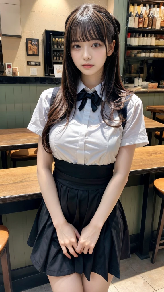 masterpiece, best quality, illustration, Super detailed, fine details, High resolution, 8K,wall paper, perfect dynamic composition,(Details High quality, realistic depiction of eyes:1.3), waitress uniform, restaurant, huge breasts, short bob hair、black hair color, Big Natural Color Lip, (perfect body shape), crying a little、cold gaze, Harajuku style、20 year old girl、cute type、lolita、beautiful legs, focus on crotch, full body photo, gravure idol
