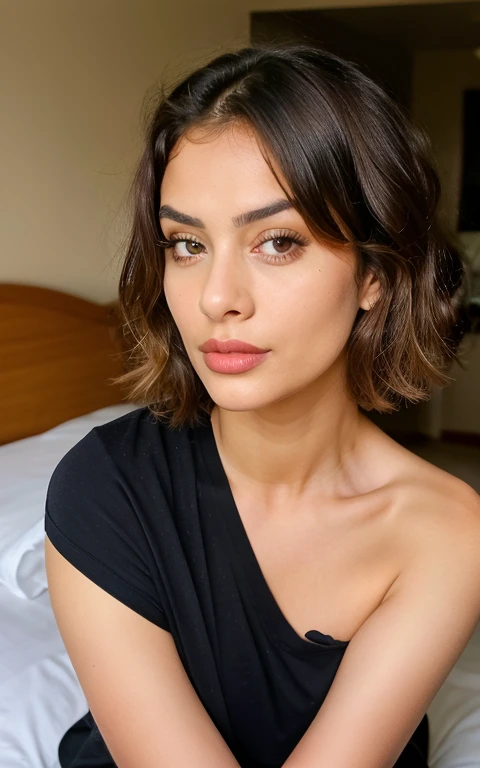 HD quality, maximum detail, macro portrait full body of the beautiful indian woman,beautiful mole on chin, 1 mole, field depth, perfect woman, 25 years, hair covered the breasts, makeup, short bob cut hair, perfect face with one mole on right side of the chin, pretty mouth, pretty nose, sensual woman, totally gorgeous, face with sarcastic expression, caucasian, bedroom hotel background, blond hair, evil look, v-shaped maroon t-shirt, realistic, details, style: Detailed photo