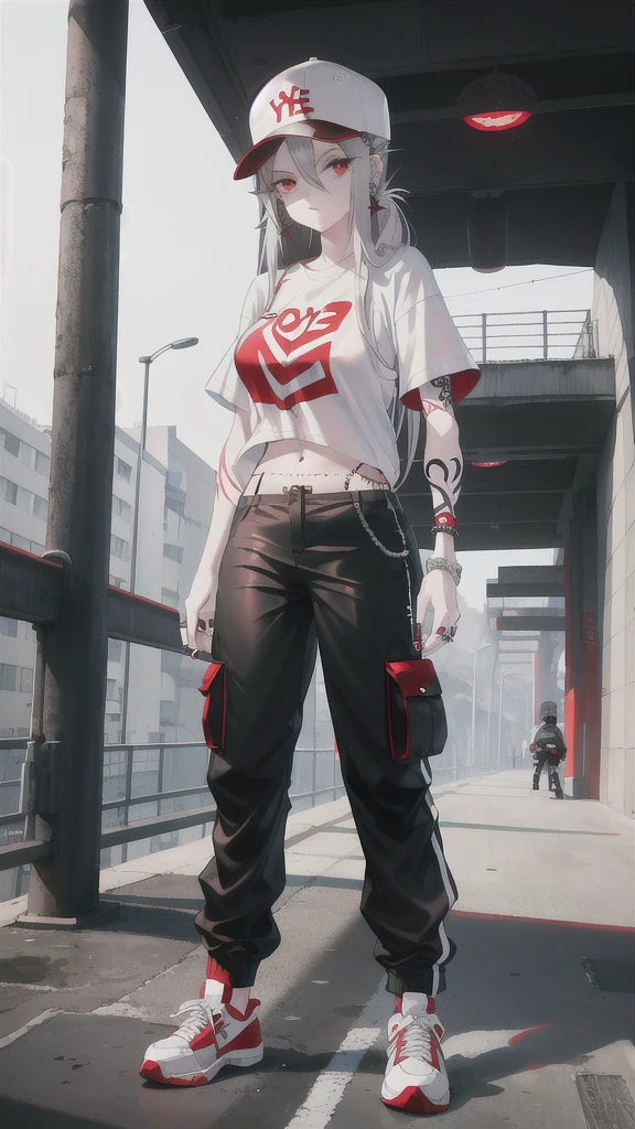 Gangster woman standing under dirty overpass(Silver hair, red eyes, White sneakers, black cargo pants, Crimson belly t-shirt, white Yankees cap, I have a lot of piercings in my ears., lots of tattoos)