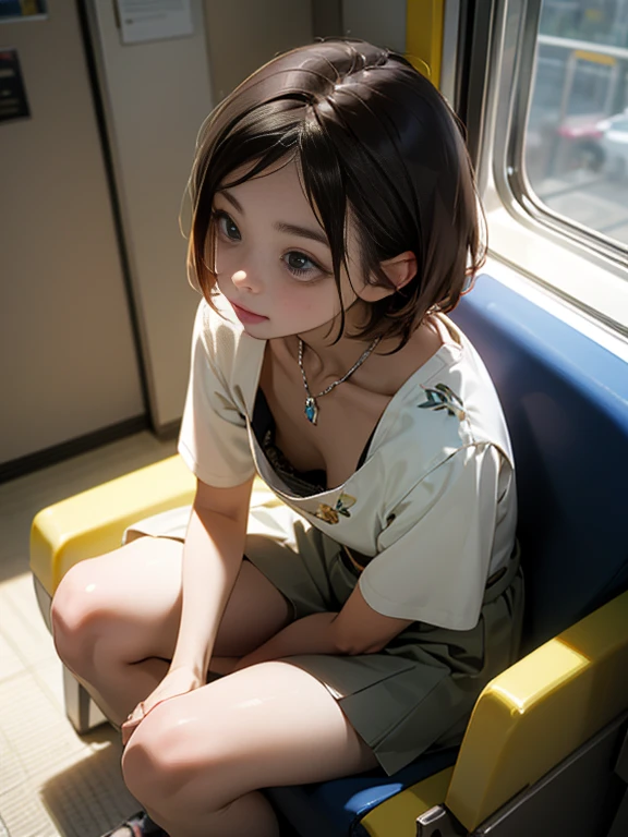1 girl, highest quality, super high resolution, super detailed skin, physically based rendering, small breasts, flat chest, down blouse, (14 year old Japanese student, decorated detailed bra, overlapping short sleeve blouse, small breasts, full), sitting, squatting on train, short hair, necklace, close-up, from top left, focus on breasts, high brightness