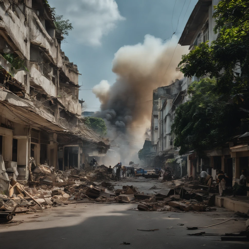 A high quality photograph, 4k, 8k, masterpiece, old news photo from 1981, shot with a Fujifilm camera, taken by BBC News, cityscape of Singapore in ruin and explosion after the air raid attack by the Royal Thai Army, on June 19, 1981, (best quality,4k,8k,highres,masterpiece:1.2),ultra-detailed,(realistic,photorealistic,photo-realistic:1.37),studio lighting,sharp focus,vivid colors,landscape,cinematic,dramatic lighting