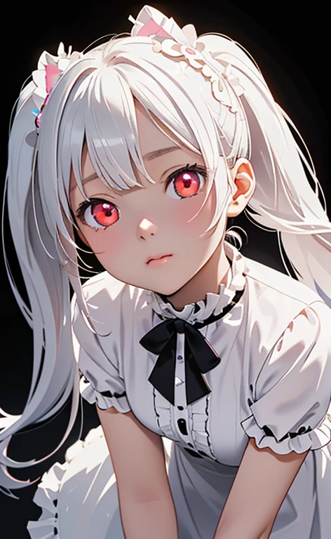 (Photorealistic:1.4)、asuna,(masterpiece、lens flare:1.5、spot light:1.2、Exquisite beautiful eyeonochrome:1.5,portlate、)(looking up at viewer),(from above)
、Cute Face、 3D Face、(pearl white hair:1.5、Straight Hair)、(twintails),(1 Girl)、(Red eyes:1.2)、(cowboy shot)、(Pouting,Puff out your cheeks),()、 (Cute face:1.2),(small breasts),(),kind face,(white　lace frilled shirt),(black background:1.5)、(glowing eyes:1.3)、()、 Neat and clean、Adorable、Slim Body(Tareme:1.5),Shiny Hair、(Glowing pink Skin)、Nijisketch,Manga,zydG