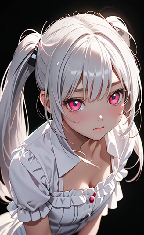 (Photorealistic:1.4)、asuna,(masterpiece、lens flare:1.5、spot light:1.2、Exquisite beautiful eyeonochrome:1.5,portlate、)(looking up at viewer),(from above)
、Cute Face、 3D Face、(pearl white hair:1.5、Straight Hair)、(twintails),(1 Girl)、(Red eyes:1.2)、(cowboy shot)、(Pouting,Puff out your cheeks),()、 (Cute face:1.2),(small breasts),(),kind face,(white　lace frilled shirt),(black background:1.5)、(glowing eyes:1.3)、()、 Neat and clean、Adorable、Slim Body(Tareme:1.5),Shiny Hair、(Glowing pink Skin)、Nijisketch,Manga,zydG