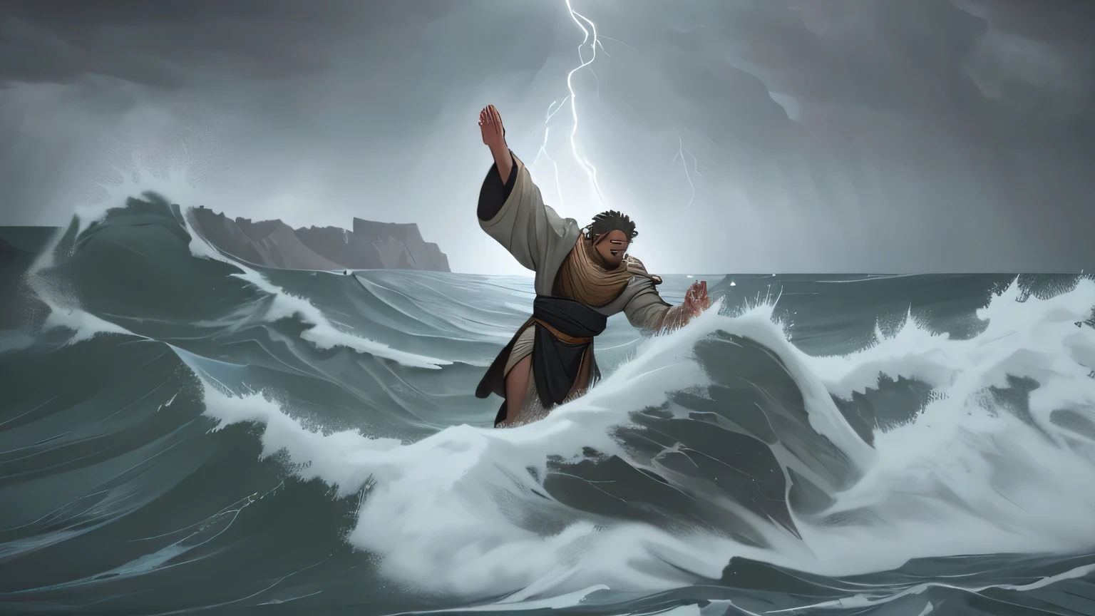 man dressed in clothing from the 1st century AD with his hand raised in despair drowning in a stormy sea, crashing waves, dramatic lighting, cinematic, dramatic atmosphere, realistic, photorealistic, high detail, 8k, best quality