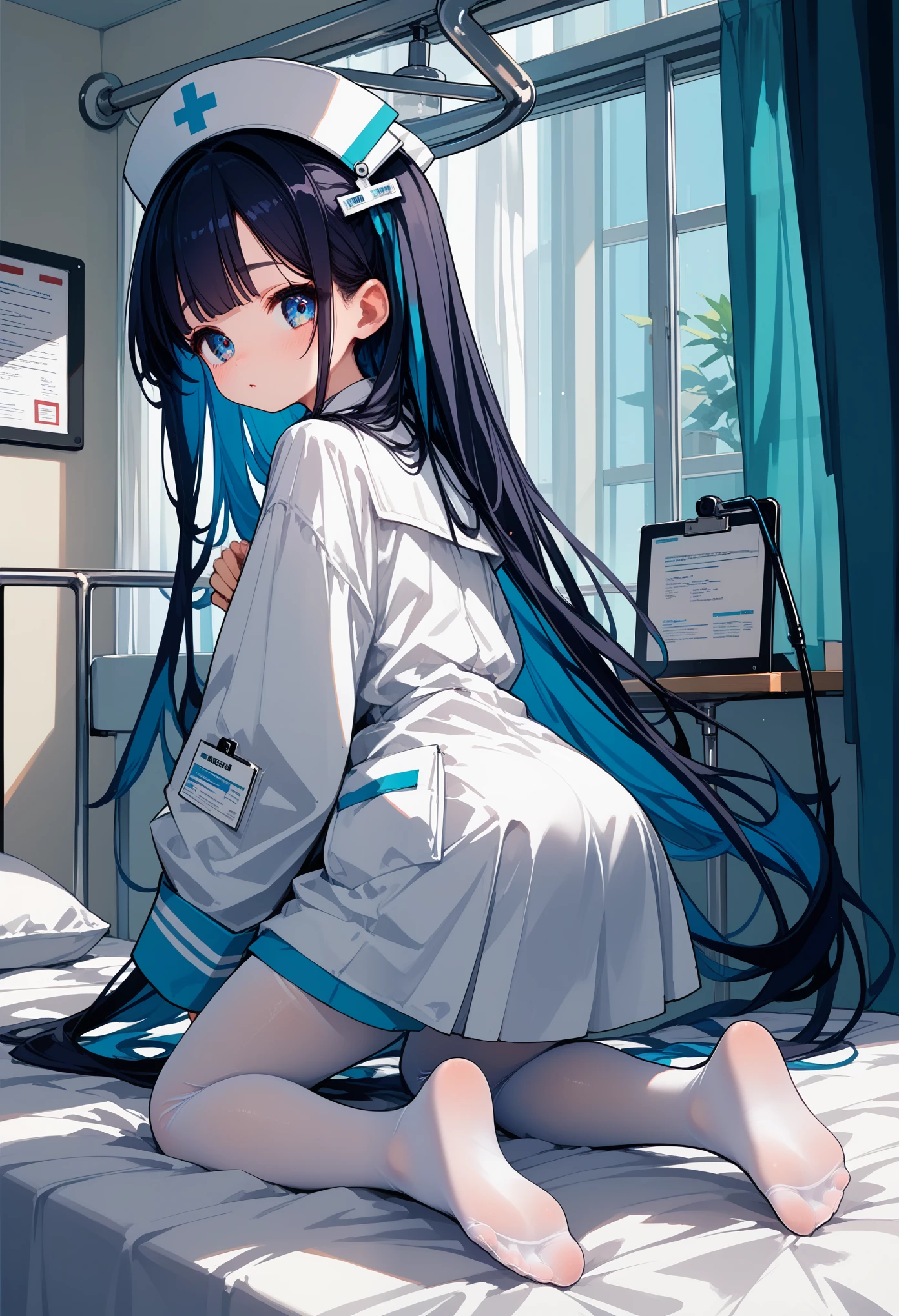 score_9,score_8_up,score_7_up,score_6_up,skinny,slim_legs,,curtains,hospital,white_pantyhose, kneeling on bed,sickbed,from_behind, looking_back, soles,doctor,white_coat,very long silky hair,loli,