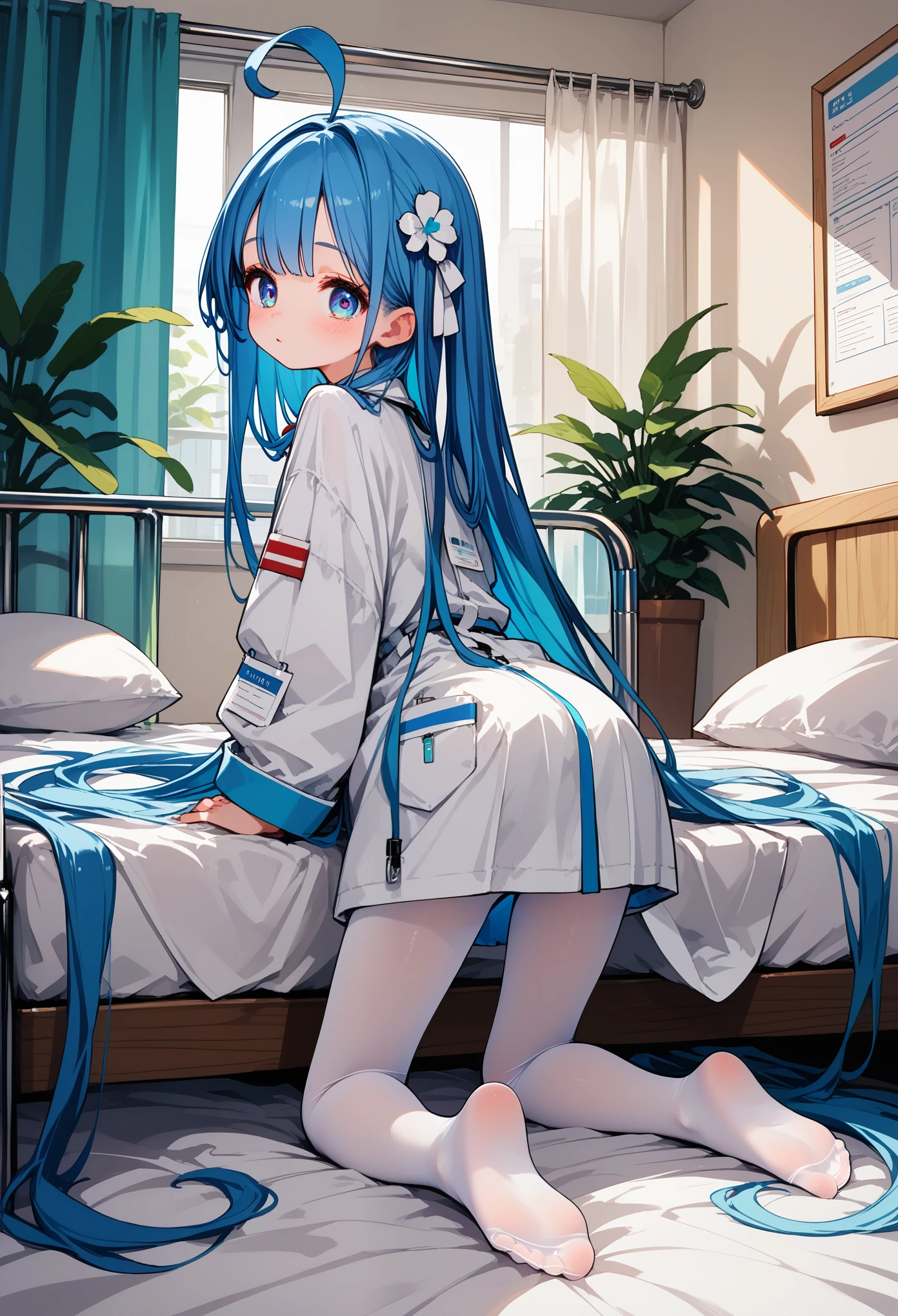 score_9,score_8_up,score_7_up,score_6_up,skinny,slim_legs,,curtains,hospital,white_pantyhose, kneeling on bed,sickbed,from_behind, looking_back, soles,doctor,white_coat,very long silky hair,loli,