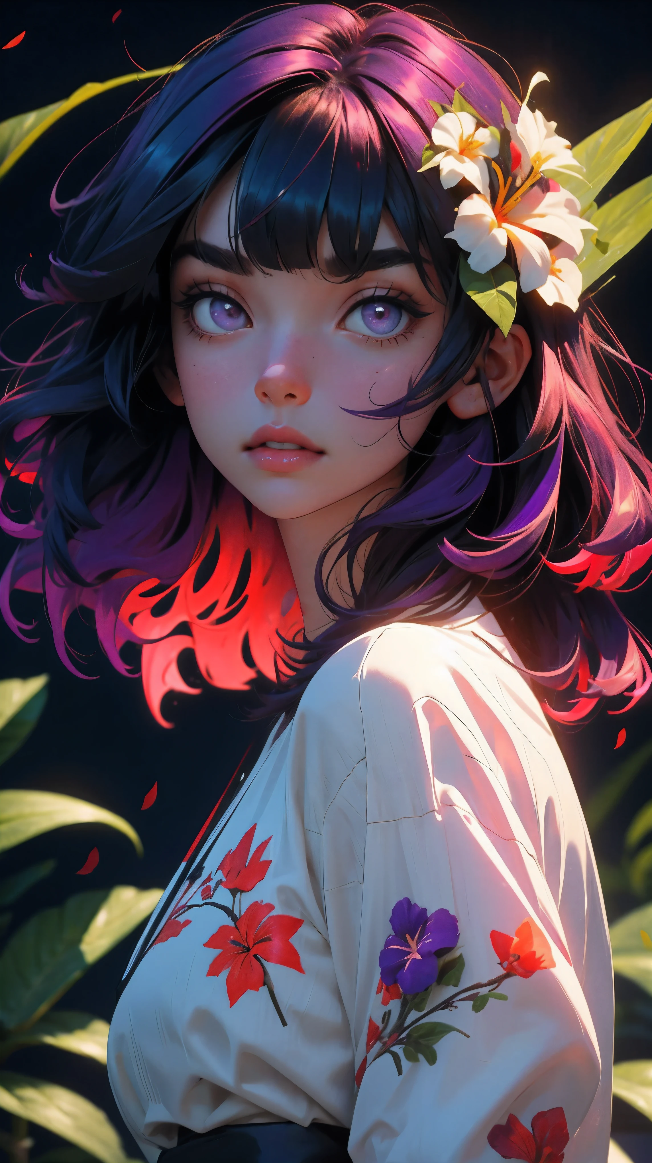 YXYcolor,1girl, only, dark purple hair, Flower, hair ornament, hair flower, very long hair, upper body, bangs, Looking at the viewer, Simple background, leaf, Bob Cut, Plant, shirt, white shirt, blunt bangs, red flower, red lips, purple eyes, tropical leaves on the background