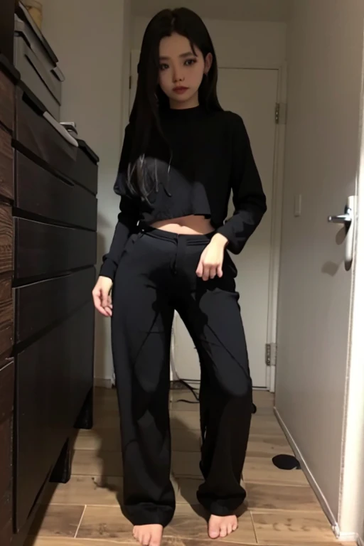 Malay Girl thin body sees the ghost and pees her black palazzo pants until her pants are wet in fright.