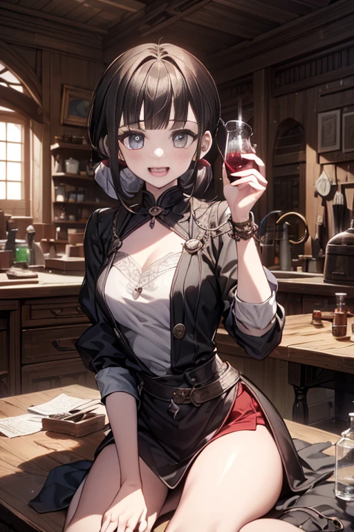 (fantasy:1.5),(anime,8k,masterpiece, top quality, best quality,beautiful and aesthetic:1.2,professional illustrasion:1.1,ultra detail:1.3,perfect lighting),extremely detailed,highest detailed,incredibly absurdres , highres, ultra detailed,intricate:1.6,(Alchemy Workshop:1.4),A girl mixing,Medicine in many small bottles,holding small potion,colorful:1.4,zentangle,(1girl),(girl),(Three kingdoms female warload),(highly detailed beautiful face and eyes,firm breasts),oily skin,((black,hair,short bob with short pony tail hair)),thin pubic hair,cute,lovely,34 years old,alchemist costume,Merchant's Clothing,smile,in the kitchen,smile,seductive weak smiling,(with sparkling eyes and a contagious smile),open mouth, Looking at Viewer,
