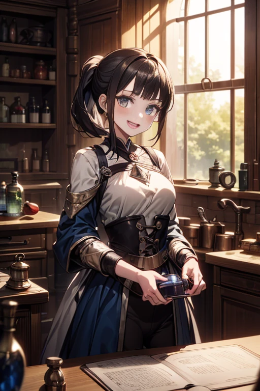 (fantasy:1.5),(anime,8k,masterpiece, top quality, best quality,beautiful and aesthetic:1.2,professional illustrasion:1.1,ultra detail:1.3,perfect lighting),extremely detailed,highest detailed,incredibly absurdres , highres, ultra detailed,intricate:1.6,(Alchemy Workshop:1.4),A girl mixing,Medicine in many small bottles,holding small potion,colorful:1.4,zentangle,(1girl),(girl),(Three kingdoms female warload),(highly detailed beautiful face and eyes,firm breasts),oily skin,((black,hair,short bob with short pony tail hair)),thin pubic hair,cute,lovely,34 years old,alchemist costume,Merchant's Clothing,smile,in the kitchen,smile,seductive weak smiling,(with sparkling eyes and a contagious smile),open mouth, Looking at Viewer,
