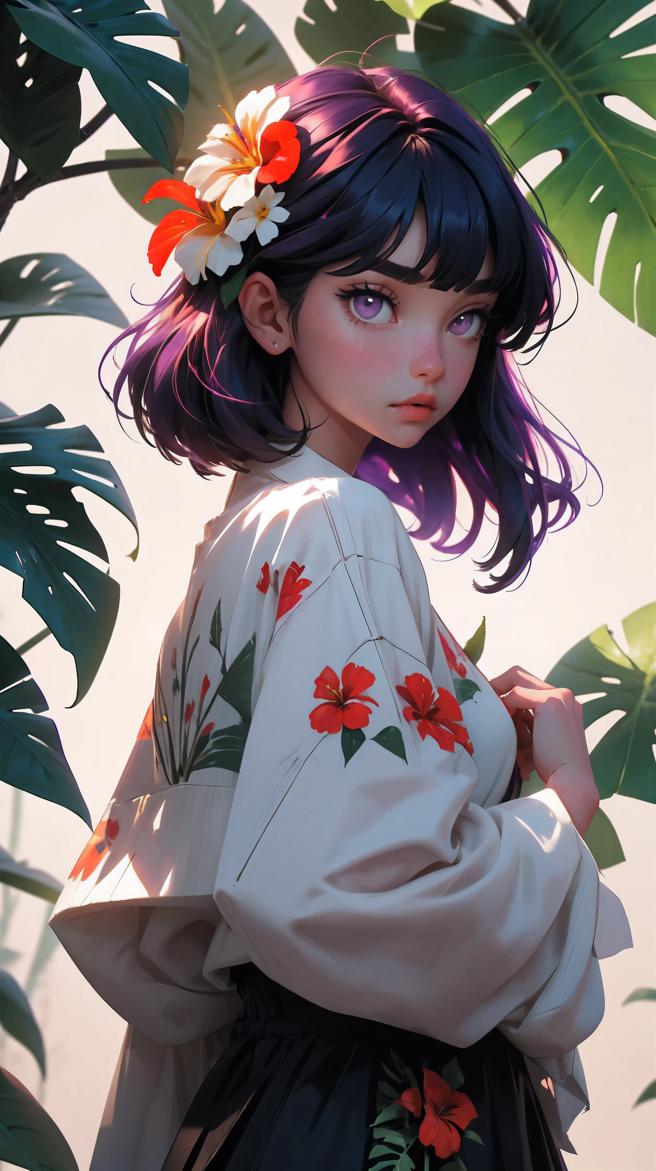 YXYcolor,1girl, only, dark purple hair, Flower, hair ornament, hair flower, very long hair, upper body, bangs, Looking at the viewer, Simple background, leaf, Bob Cut, Plant, shirt, white shirt, blunt bangs, red flower, red lips, purple eyes, tropical leaves on the background