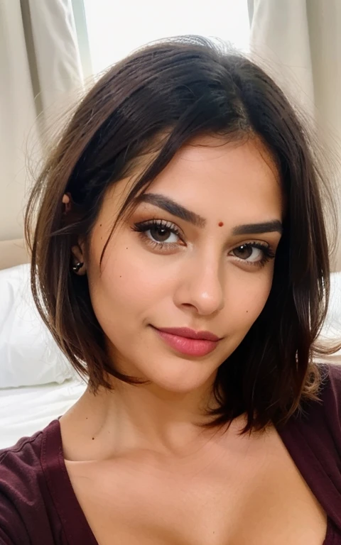 HD quality, maximum detail, macro portrait full body of the beautiful indian woman,beautiful mole on chin, brown hairs, big brown eyes, 1 mole, field depth, perfect woman, 25 years, hair covered the breasts, makeup, short bob cut hair, perfect face with one mole on right side of the chin, pretty mouth, pretty nose, sensual woman, totally gorgeous, face with sarcastic expression, caucasian, bedroom hotel background, blond hair, evil look, v-shaped maroon t-shirt, realistic, details, style: Detailed photo