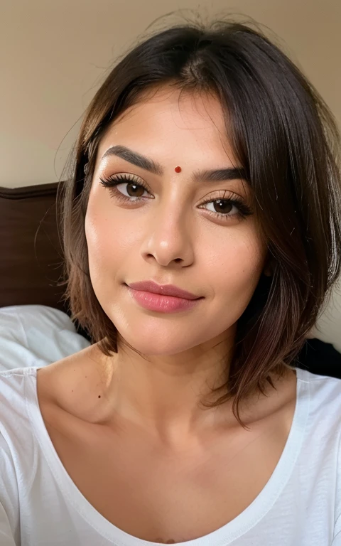 HD quality, maximum detail, macro portrait full body of the beautiful indian woman,beautiful mole on chin, brown hairs, big brown eyes, 1 mole, field depth, perfect woman, 25 years, hair covered the breasts, makeup, short bob cut hair, perfect face with one mole on right side of the chin, pretty mouth, pretty nose, sensual woman, totally gorgeous, face with sarcastic expression, caucasian, bedroom hotel background, blond hair, evil look, v-shaped maroon t-shirt, realistic, details, style: Detailed photo