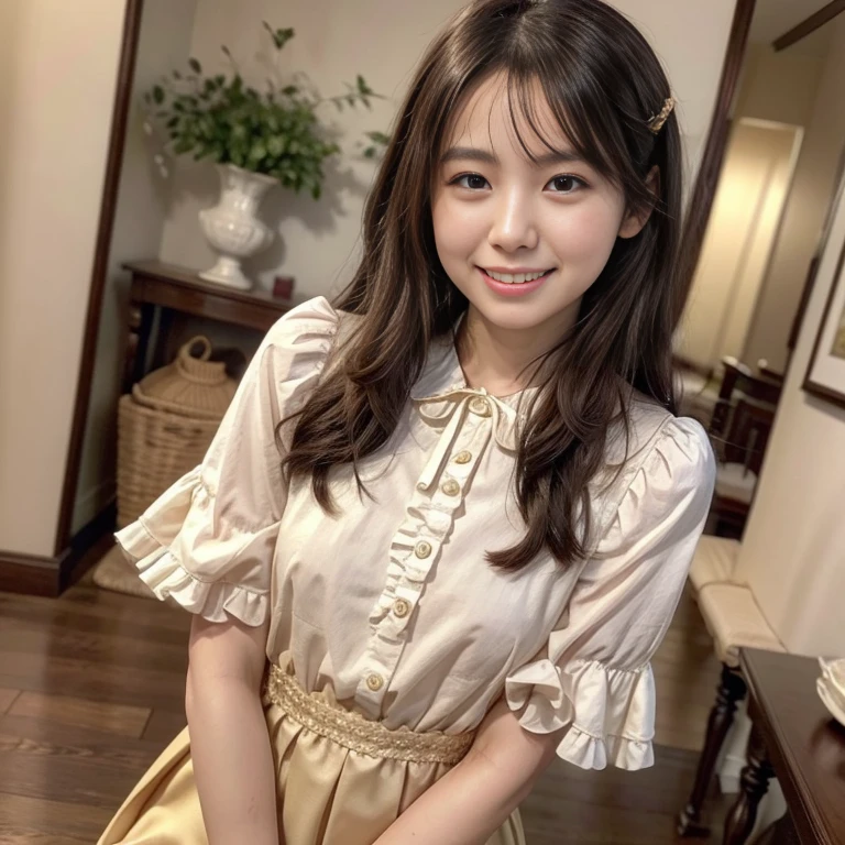 photo realistic, , photo of over the knees:1.2, from below, medium wide shot, a Japanese pretty girl, smile, double teeth, pretty face, happy, eye contact, 14-year-old, double braid, small breasts, flat chest, wearing a gold satin dress, pretty dress with many frills and laces,  Lace Ruffle Gathered Blouse 
,A large lace ruffle that spreads softly
Colors, the area around the face
In the center of the eye-catching ribbon,
Make it more gorgeous with a heart bijou button ,Lace cuffs and stand collar
,It gives a crisp impression