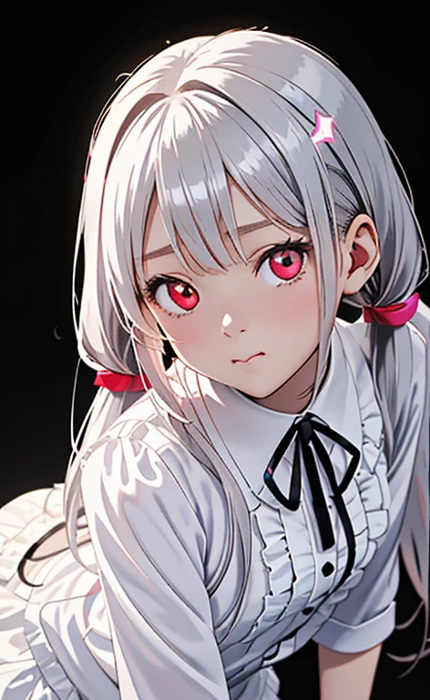 (Photorealistic:1.4)、asuna,(masterpiece、lens flare:1.5、spot light:1.2、Exquisite beautiful eyeonochrome:1.5,portlate、)(looking up at viewer),(from above)
、Cute Face、 3D Face、(pearl white hair:1.5、Straight Hair)、(twintails),(1 Girl)、(Red eyes:1.2)、(cowboy shot)、(Pouting,Puff out your cheeks:1.2),()、 (Cute face:1.2),(small breasts),(),kind face,(white lace frilled shirt),(black background:1.5)、(glowing eyes:1.3)、()、 Neat and clean、Adorable、Slim Body(Tareme:1.5),Shiny Hair、(Glowing pink Skin)、Nijisketch,Manga,zydG