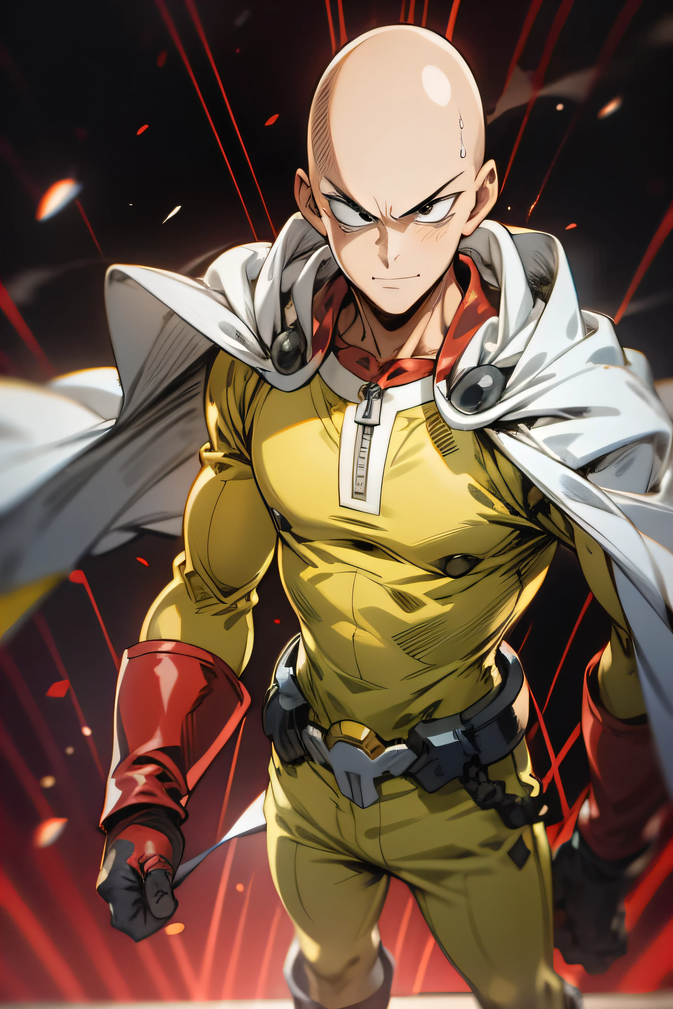 masterpiece, Best quality, 1 boy, (Saitama), bald hair, black eyes,  Blue shoe, red gloves, yellow clothes, white raincoat, standing, smiling, angry face, The power of the aura, night, natural light,standing, evil eyes,  smiling, male focus, Strong muscles, Film composition, death of the field, Boke, (futuristic), (whole body),