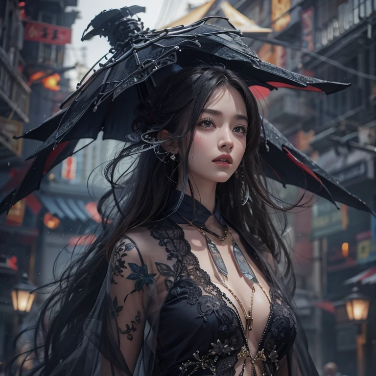 it's raining, city、Hair flow、 ((highest quality、masterpiece、8k、Best image quality、Ultra-high resolution、Award-winning works)、(Accurate anatomy:1.1)、(Look at me and smile:1.1)、Shining fair skin with Ultra-high resolution、The most detailed face、Ultra-high resolution detailed face、Ultra-high resolutionの髪の毛、(Ultra-high resolutionの煌めく瞳:1.1)、Beautiful face drawn in every detail、ancient gothic costume , Chest to chest, tattoo, There's a real crow next to him.