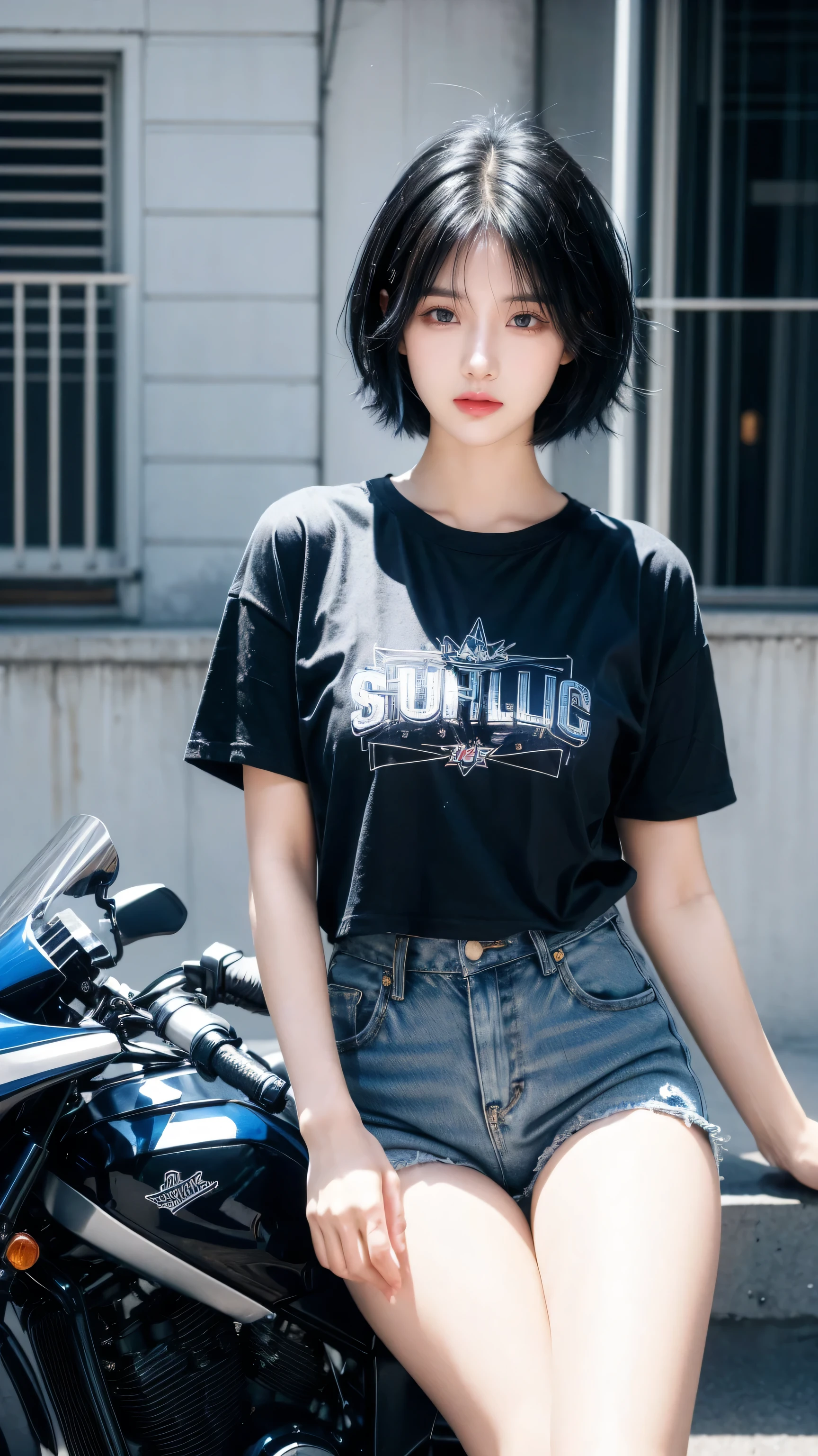 best quality, 1 Girl, dark blue hair, black eyes, Very short hair, Spiky hair, blue oversize t-shirt, High waist short, 171 cm, Messy hair, Hair between the eyes, Medium breasts, full, Tomboy, aldult, 20 years old, 1 Girl near blue motorcycle