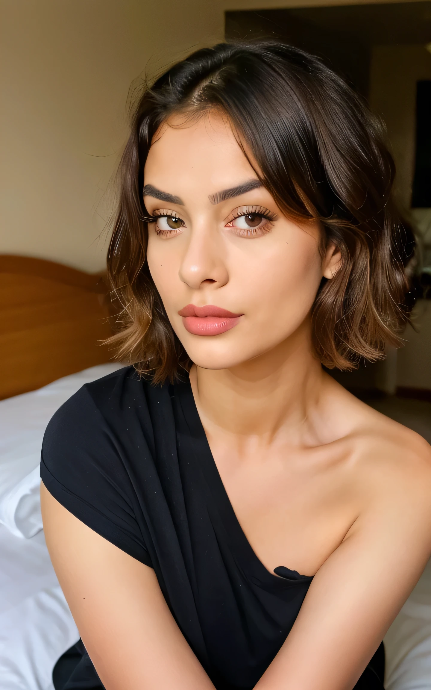 HD quality, maximum detail, macro portrait full body of the beautiful indian woman,beautiful mole on chin, 1 mole, field depth, perfect woman, 25 years, hair covered the breasts, makeup, short bob cut hair, perfect face with one mole on right side of the chin, pretty mouth, pretty nose, sensual woman, totally gorgeous, face with sarcastic expression, caucasian, bedroom hotel background, blond hair, evil look, v-shaped maroon t-shirt, realistic, details, style: Detailed photo