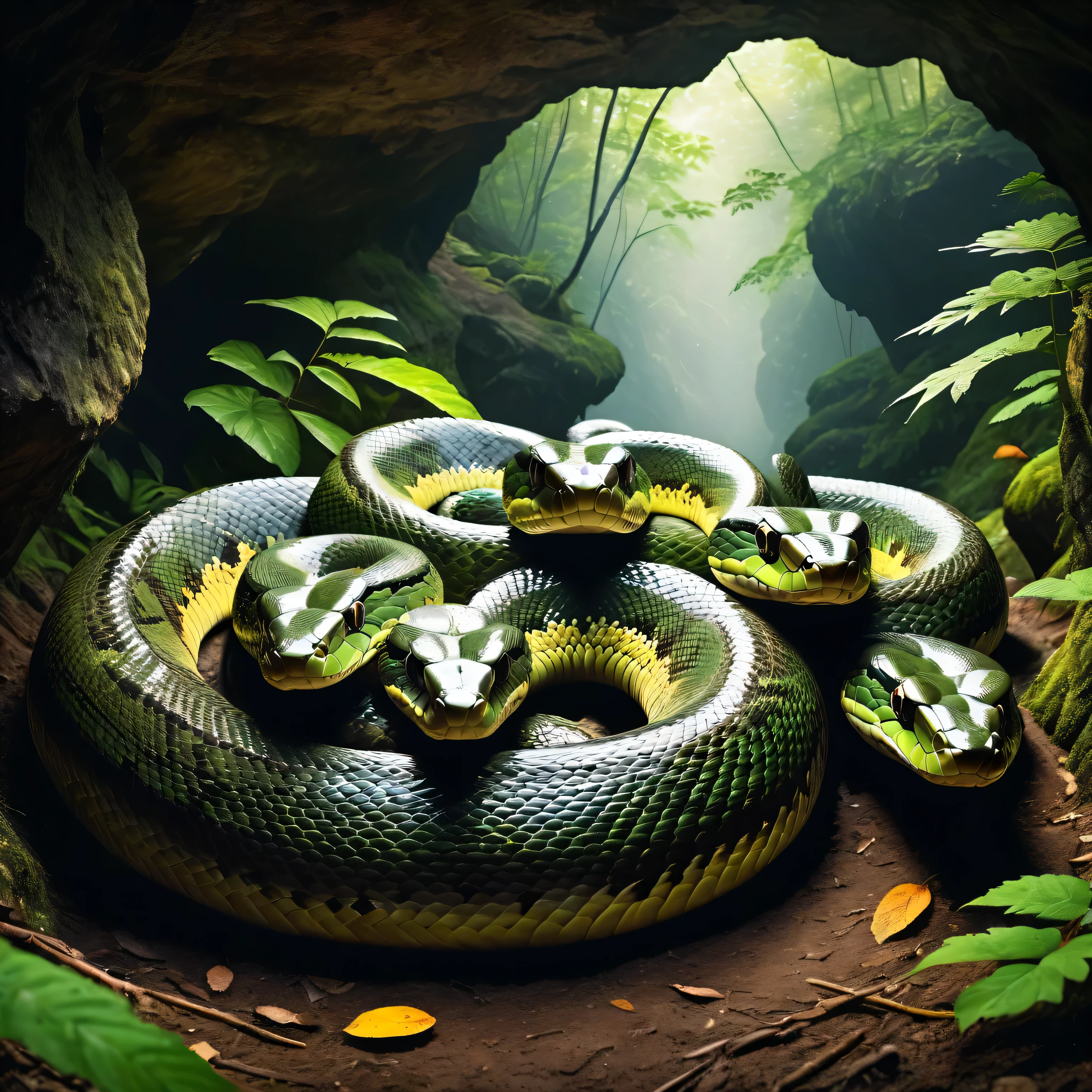 Giant long snake with 5 heads in the cave of a deep forest in mountant