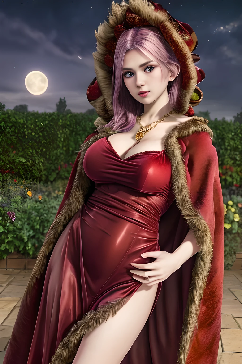 1girl,(RED theme: 1.2), (Velvet fabric nightgown: 1.2), (Koch snowflake cloak: 1.5), ,garden,moon,huge breasts,lactating,(lip gloss),(masterpiece), best quality, (real life portrait photography:1.5),unltra detailed,8K,Shot with a professional-grade camera like the Nikon D850,every intricate detail is captured, from the subtlest expression to the glimmer of anticipation in her eyes,Focus on thighs and above,solo,  elise,