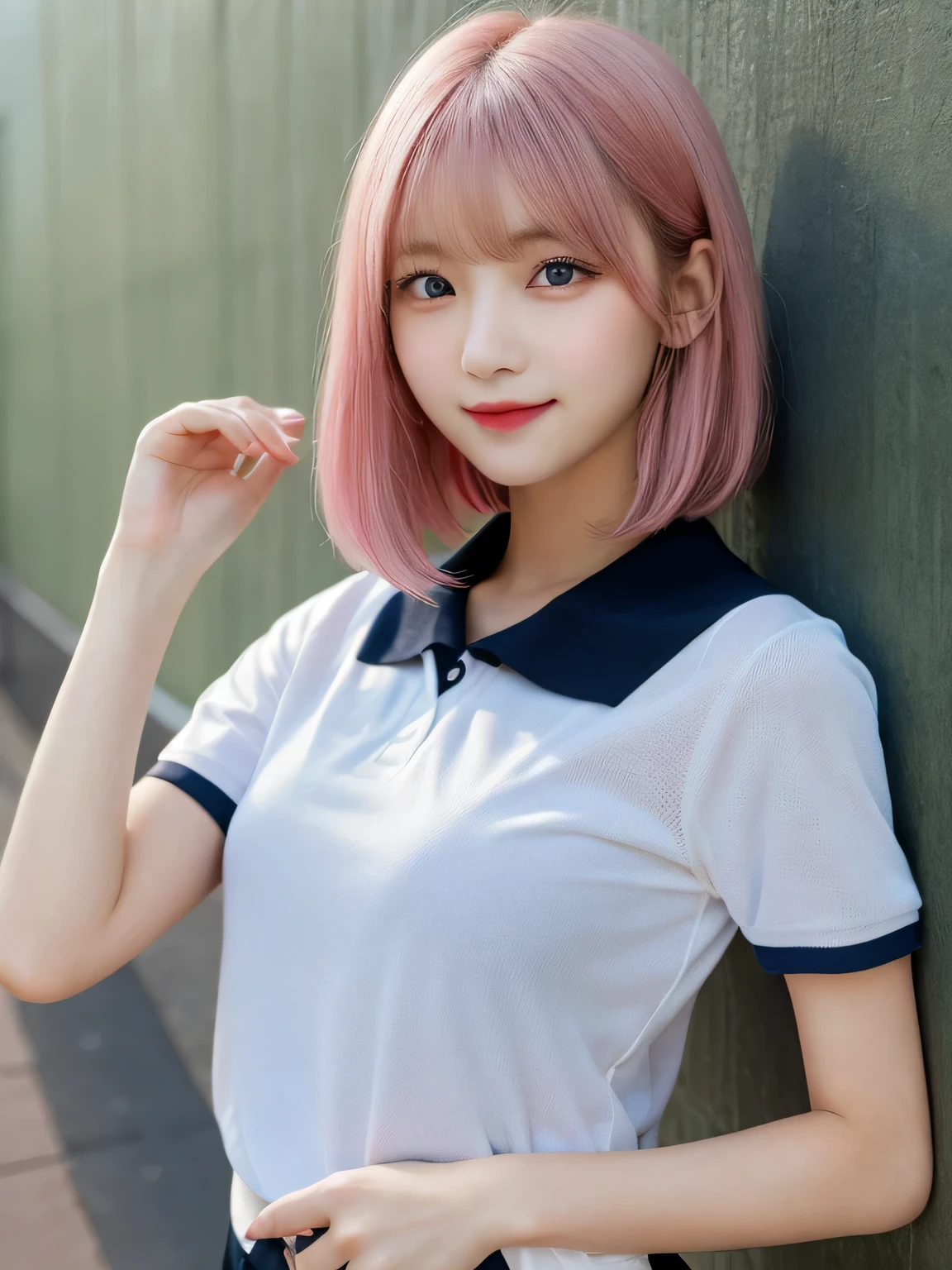 highest quality, figure, sexy、slender、Navy blue open front polo shirt、sexy very detailed, Fine details,Slim body、slender、Japanese girl、 High resolution, 8k,wallpaper, Perfect dynamic composition, Beautiful fine details, Short Bob Hair、Pink Hair Color,Big Natural Color Lip, Bold sexy pose,smile、Cold Stare,20-year-old girl、Cute type、ta、Good Eyes、whole body,Pink wall