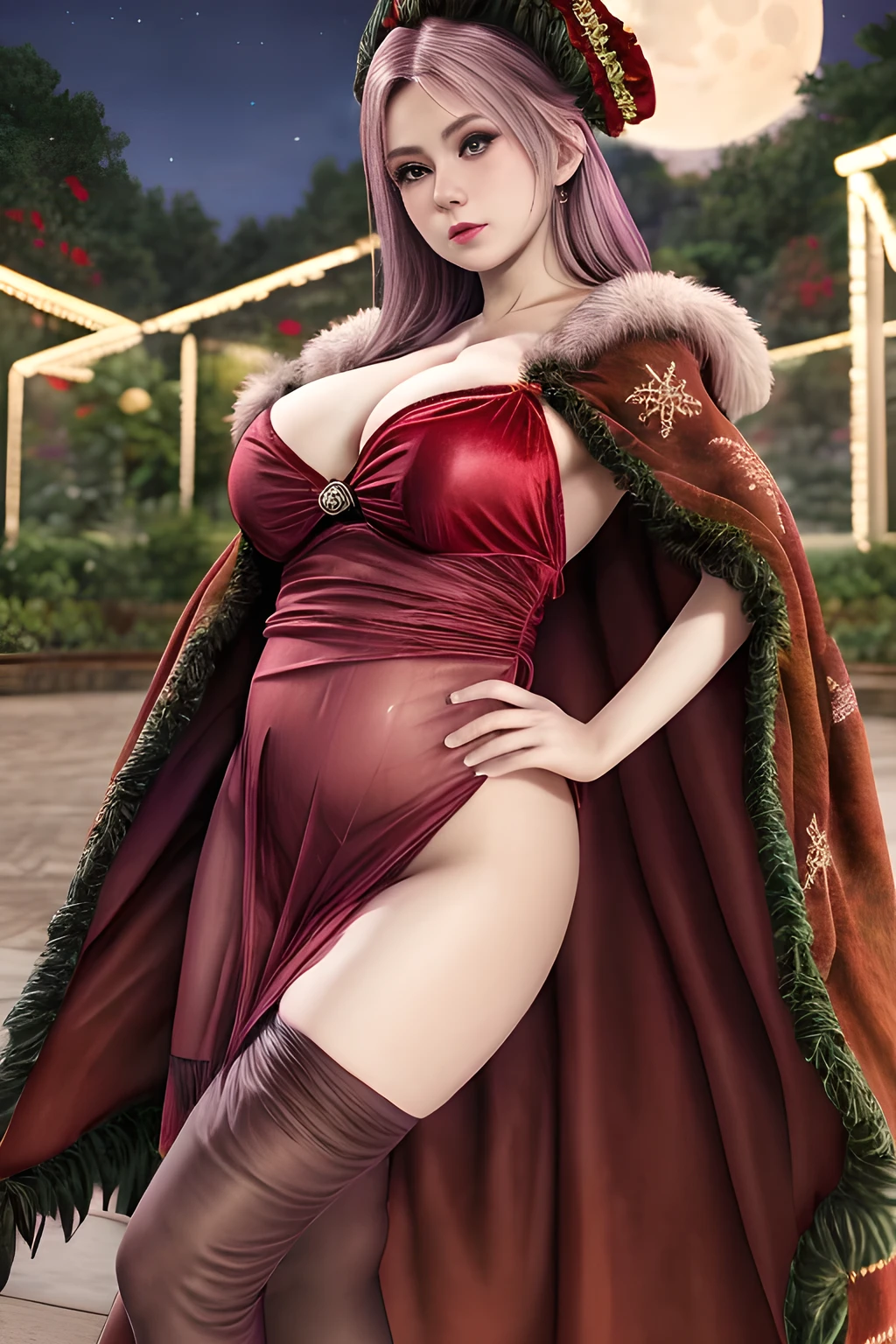 1girl,(RED theme: 1.2), (Velvet fabric nightgown: 1.2), (Koch snowflake cloak: 1.5), ,garden,moon,huge breasts,lactating,(lip gloss),(masterpiece), best quality, (real life portrait photography:1.5),unltra detailed,8K,Shot with a professional-grade camera like the Nikon D850,every intricate detail is captured, from the subtlest expression to the glimmer of anticipation in her eyes,Focus on thighs and above,solo,  elise,