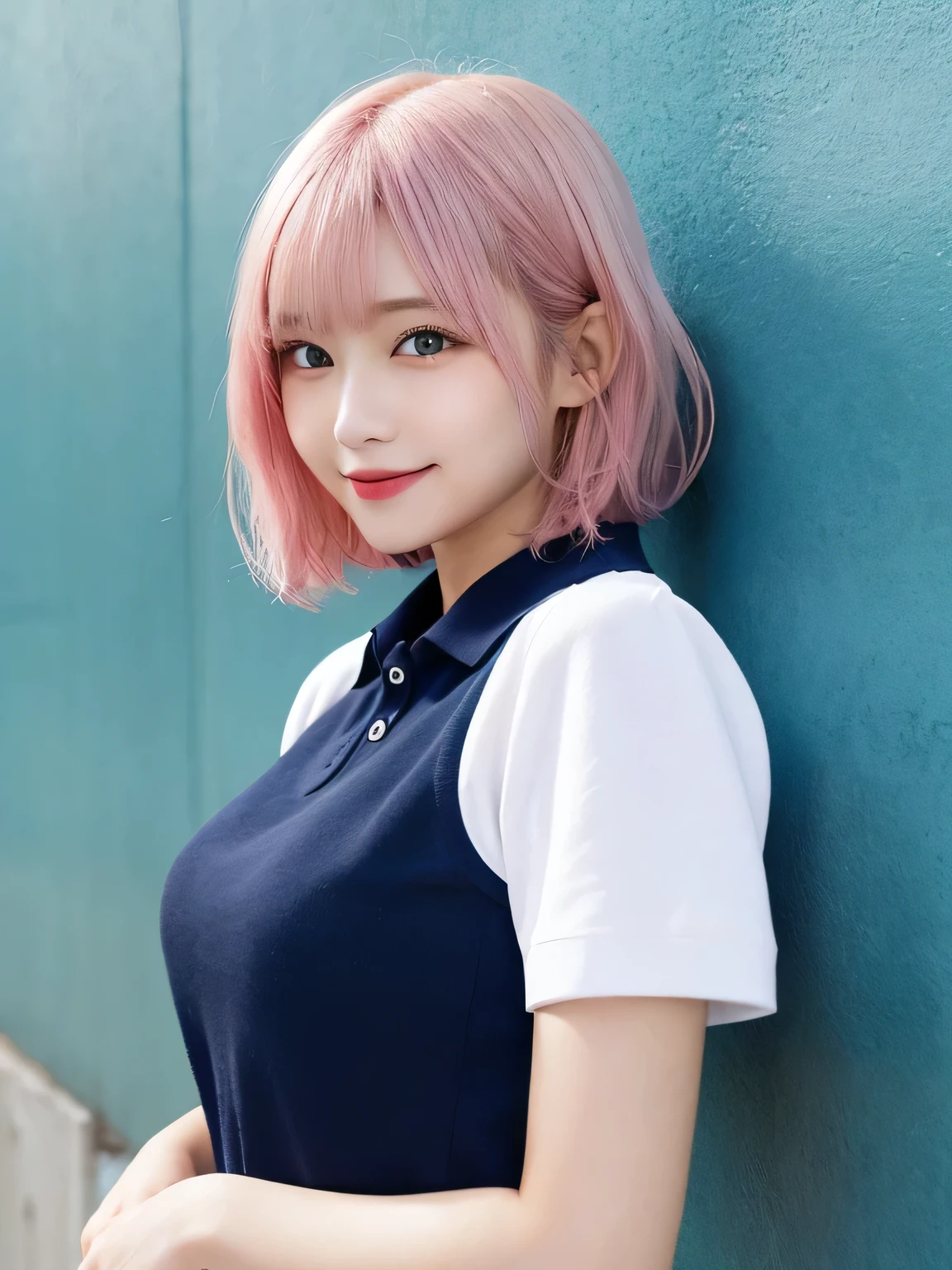 highest quality, figure, sexy、slender、Navy blue open front polo shirt、sexy very detailed, Fine details,Slim body、slender、Japanese girl、 High resolution, 8k,wallpaper, Perfect dynamic composition, Beautiful fine details, Short Bob Hair、Pink Hair Color,Big Natural Color Lip, Bold sexy pose,smile、Cold Stare,20-year-old girl、Cute type、ta、Good Eyes、whole body,Pink wall