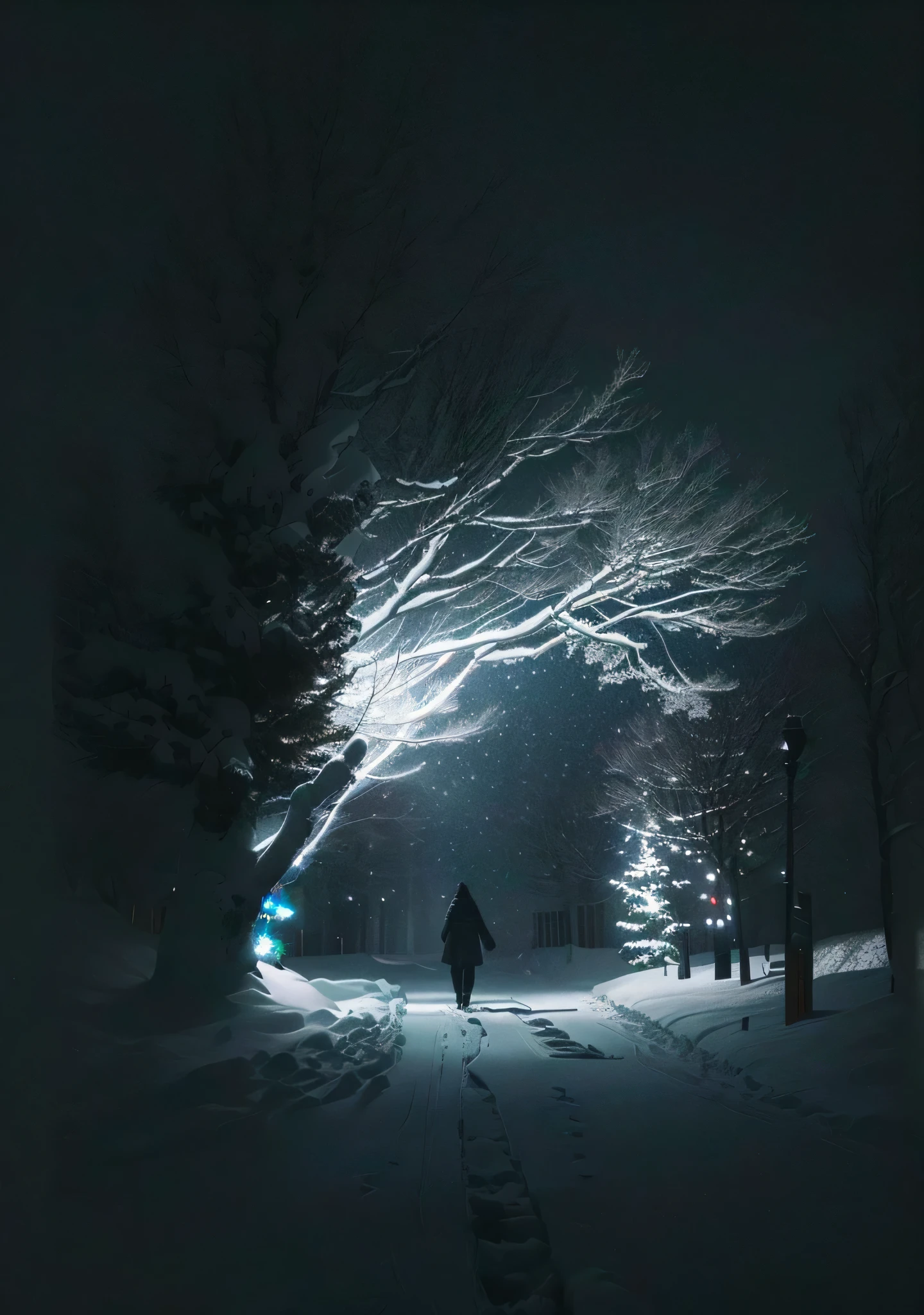 there is a person walking down a snowy path at night, cloaked dark winter night, chilly dark mood, atmospheric cold lighting, dark winter, dark winter evening, perfect lighting in a snow storm, snowy night, walking into a deep dark florest, snowfall at night, dark atmospheric lighting, on a dark winter's day, winter night