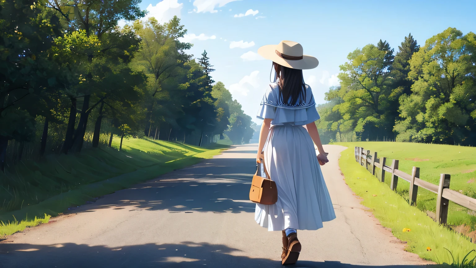On a country road with a fresh breeze、Back view of a girl wearing a hat walking