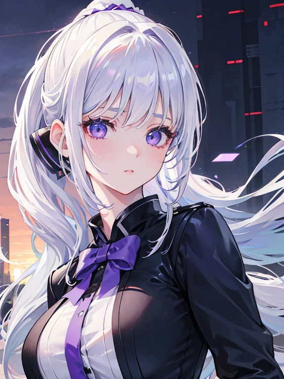 1girl, white haired ponytail, purple eyes, beautiful detailed eyes, beautiful detailed lips, extremely detailed face and eyes, longeyelashes, large breasts, innocent expression, cute, melancholic, office uniform, black coat, action pose, alley background, (best quality,4k,8k,highres,masterpiece:1.2),ultra-detailed,(realistic,photorealistic,photo-realistic:1.37),studio lighting,vivid colors