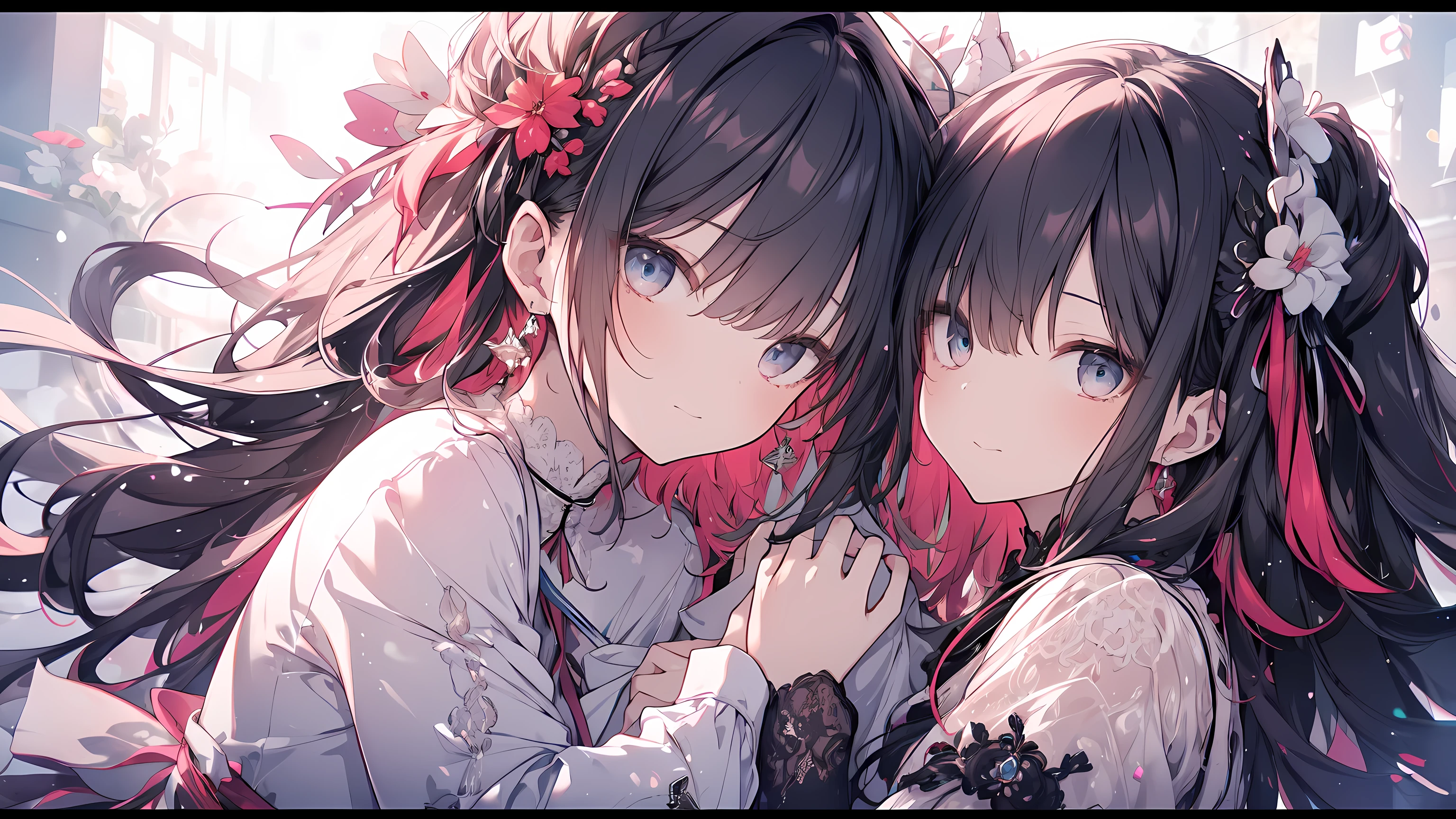 (masterpiece), highest quality, expressive eyes, Two girls standing next to each other, by Pu Hua, Featured on Art Station, gothic art, Black and white with red heart, Beautiful Gemini twins portrait, Streaming on Twitch, with long white hair, reddish, Hand in hand, anthro, beautifully rendered, hug