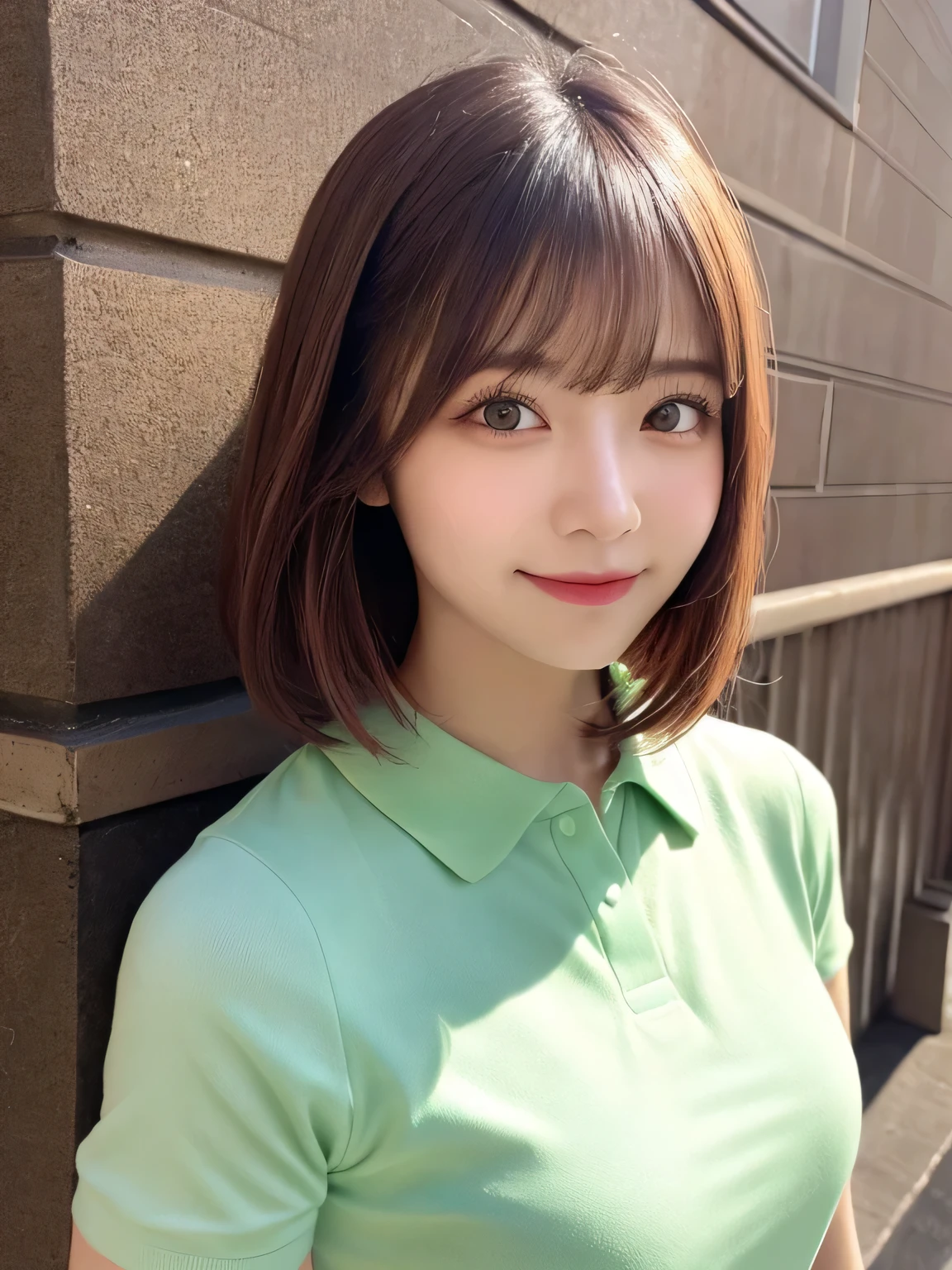 highest quality, figure, sexy、slender、Navy blue open front polo shirt、sexy very detailed, Fine details,Slim body、slender、Japanese girl、 High resolution, 8k,wallpaper, Perfect dynamic composition, Beautiful fine details, Short Bob Hair、Pink Hair Color,Big Natural Color Lip, Bold sexy pose,smile、Cold Stare,20-year-old girl、Cute type、Lolita、Good Eyes、whole body,Pink wall