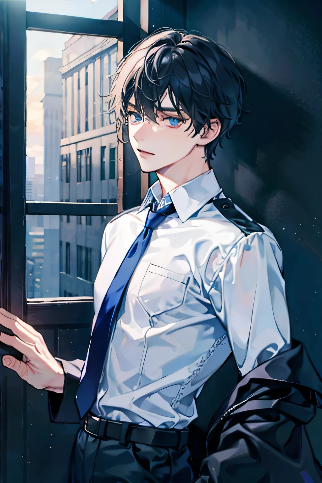 Man, jet black hair, deep blue sea eyes, white uniform, sleeves rolls up, black necktie loosen a little, leaning back against the wall