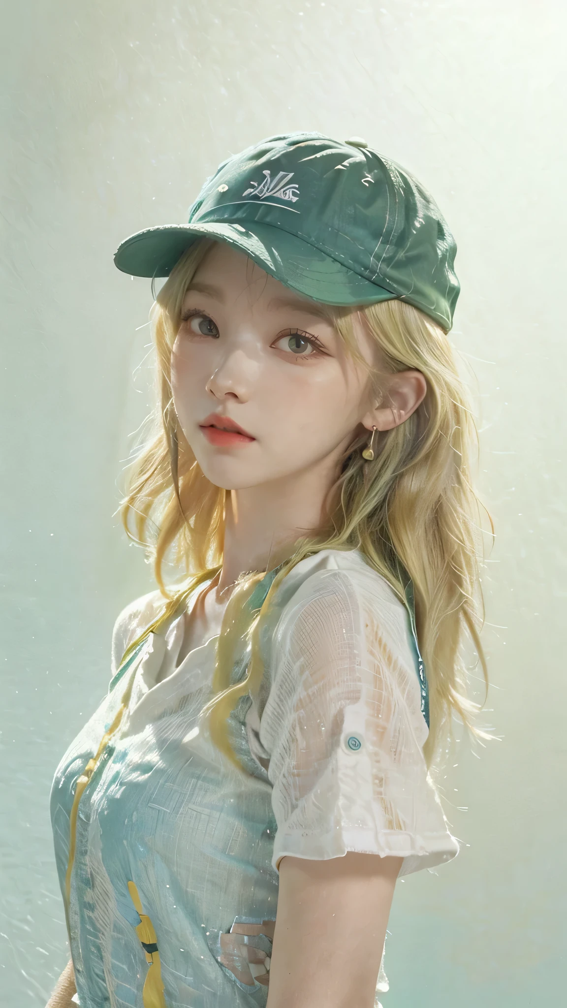 nomura tetsuya, masterpiece, best quality, 1girl, aqua eyes, baseball cap, blonde hair, closed mouth, earrings, green background, hat, hoop earrings, jewelry, looking at viewer, shirt, short hair, simple background, solo, upper body, yellow shirt