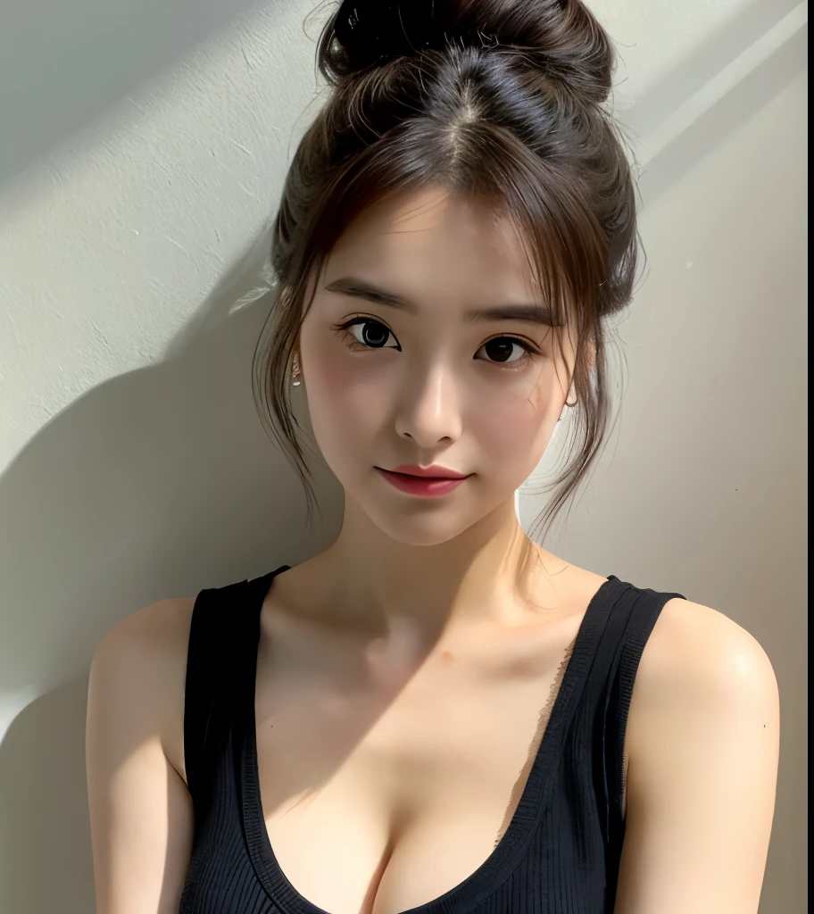 25 years Old woman, Sleeveless shirt, cleavage, beauty face, thin, Updo hair style, small breast, Prone