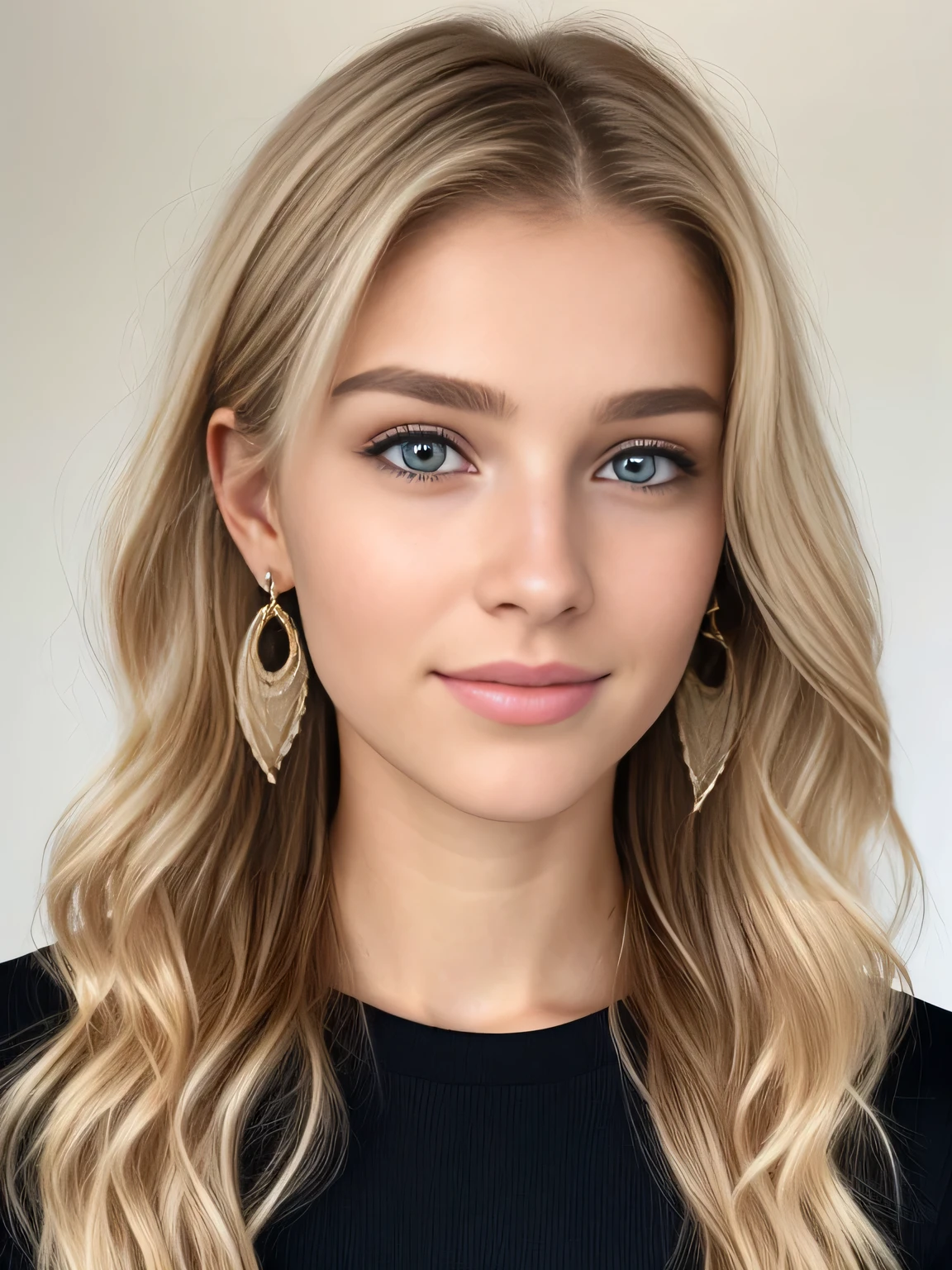 ultra realistic, femme blonde de 20 ans, yeux claire, visage parfait, boucles d'oreilles, grain de beauté, wavy hair