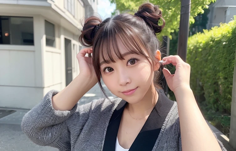 Feminine summer outfit、Random pose、(highest quality,masterpiece:1.3,超A high resolution,),(Ultra-detailed,Caustics),(Photorealistic:1.4,RAW shooting,)Ultra-Realistic Capture,Very detailed,High resolution 16K human skin closeup、 The skin texture is natural、The skin looks healthy、The color is also uniform.、 Use natural light and color,1 girl,Japanese,,cute,Black Hair,,smile,,(Depth of written boundary、chromatic aberration、、Wide range of lighting、Hair Bun、22 years old、Street Snap