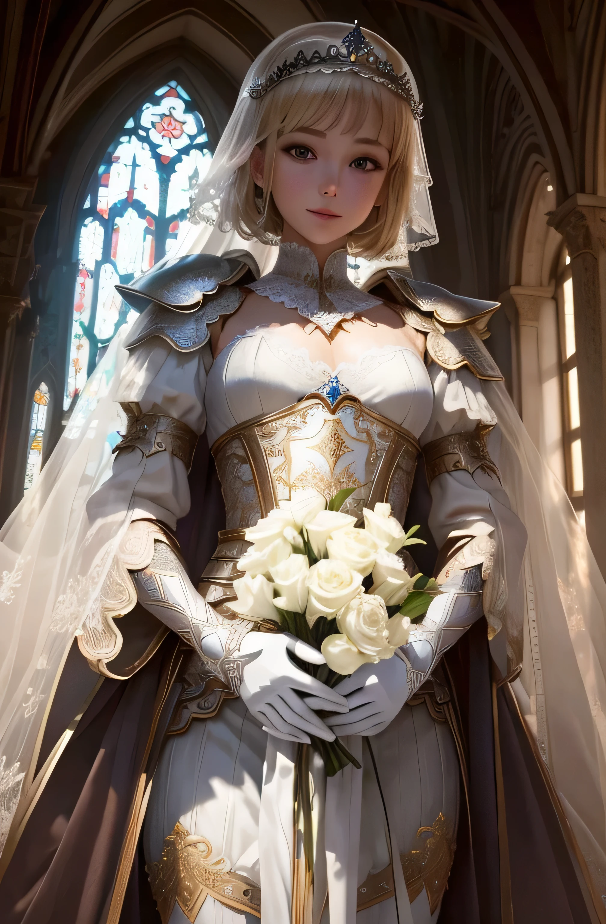 8K、Real Photo、Ultra-high resolution, Master Part, Best Quality, Ticker , Cinematic images,Amazingly cute girl、14talent、Anglo-Saxon、double eyelid、Droopy eyes、Very big eyes、Dark eyeshadow、The lips are very thin、The muscles of the nose stretch beautifully、Small nose tip,,,,, Very detailed , Blonde、Straight short hair、Smile、 Sweet expression 、Very beautiful woman、Long legs、 Very clear shadows , jewelry , sexy , Detailed eyes, Very complex, Glossy Skin , Perfect Brilliant, Perfect Lighting, Dramatic Shadows ,White tiara on head、Steel Armor、Small white angel wings behind shoulders 、Lace white gloves、Sword in hand、White see-through veil from the back of the head