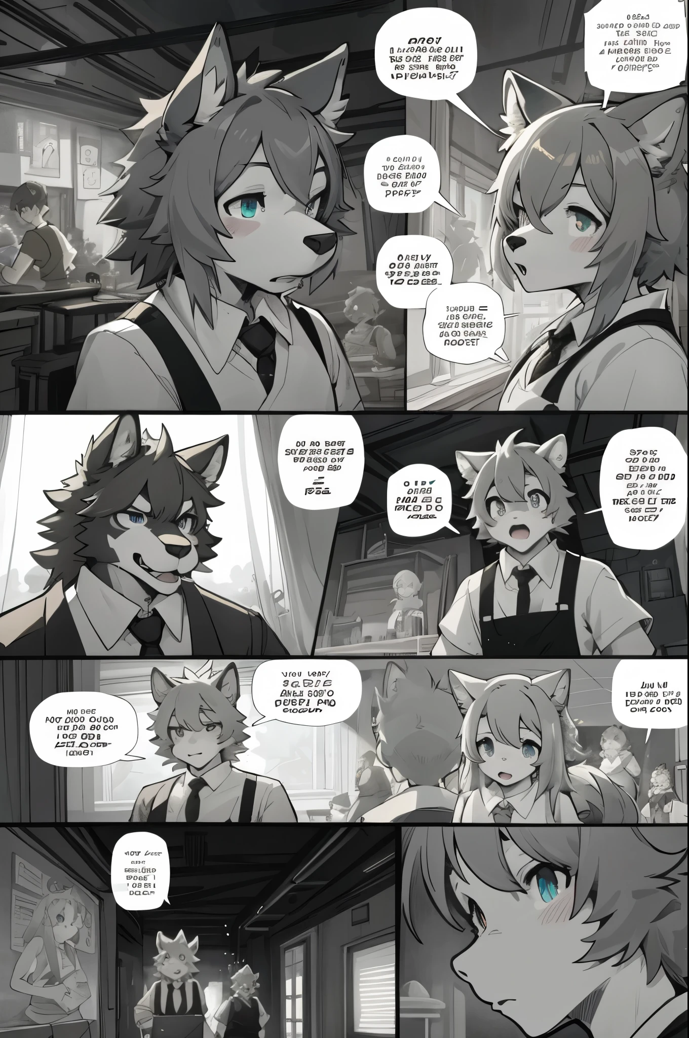 top quality, best quality, highres, masterpiece, super high resolution, detailed background, Casual reutaurant interior, part-time job, waiter, 6+boys, 6+girls, absurdres(highly detailed beautiful face and eyes)perfect anatomy, good lighting, cinematic shadow(kemono, furry anthro)assorted expressions, assorted poses, assorted angles, full body, upper shot, dynamic angle(girls comic-like panel layouts, speech balloon, English text, Hand-drawn sound effects stickers used in girls comic),