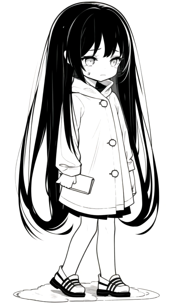 best quality, chibi, 1 girl,Long black hair,(full body), Pure white background,Vivid,clearly,sad face,rain,Walking,snow,Are crying,shout,I have a letter