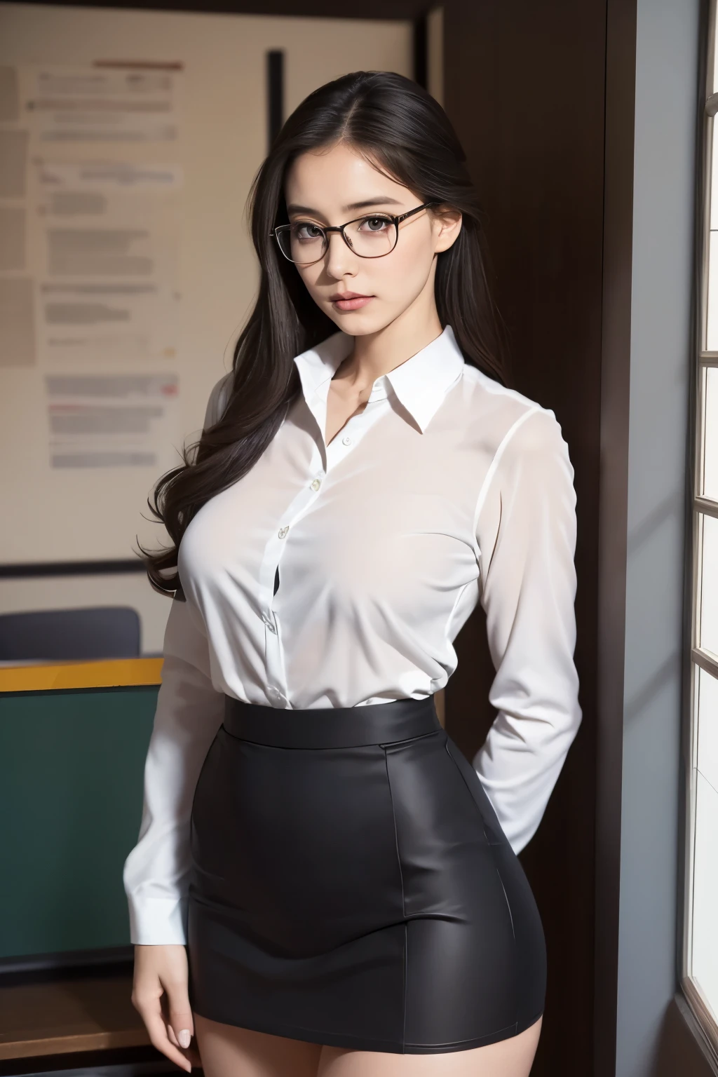 (Best Quality,4K,8K,hight resolution,masutepiece:1.2),full body like, standing, Ultra-detailed,(Realistic,Photorealistic,Photorealsitic:1.37),nffsw,nffsw,Professional,Portrait,Beautiful detailed eyes,Beautiful detailed lips,extremely detailed eye and face,longeyelashes,Curly hair,Confident smile,Serious expression,Naked,toppless,Breast exposure,Beautiful udder ,School teacher with glasses,Sheer fabric formal shirt that emphasizes the lines of the body,Drenched in sweat, can see through, Exposed,Dark gray short skirt that emphasizes the lines of the body,very thin waist, exposed thighs, White stockings,Stand in front of the chalkboard,Teach with passion,Students listening intently,Clean and organized classrooms,Bright and natural lighting,Vivid colors,Soft shadows,Show off your knowledge,Interactive teaching style. showing huge breasts half. opening shirt.