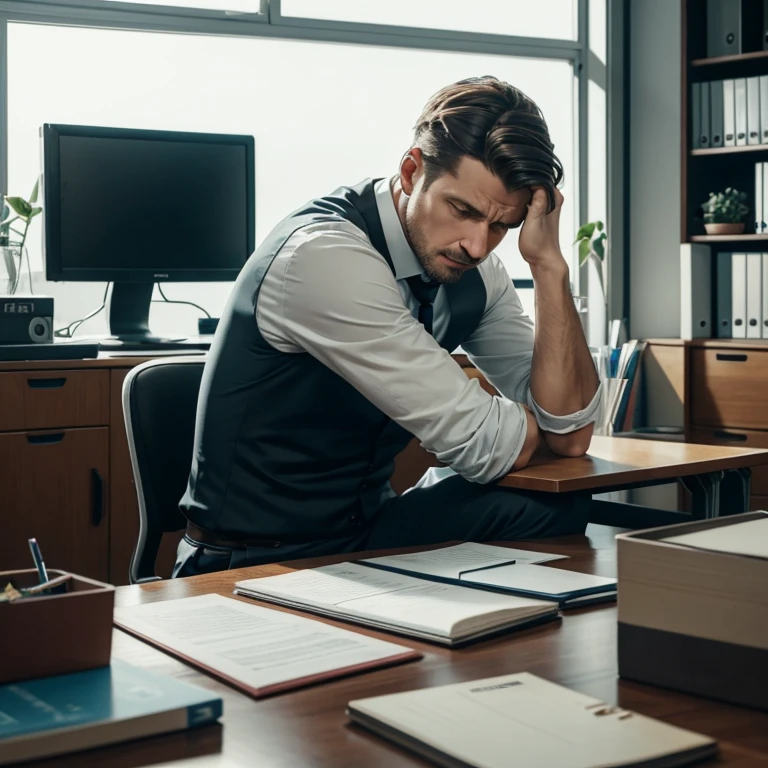 A man sits at a desk in the office. He is tired and indifferent. Ma rozczochrane włosy, there is a mess on the desk around him. He props himself up on his elbows.