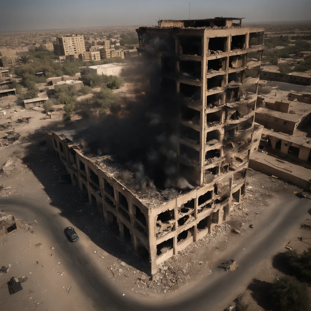 aerial view of the main building of the iraqi national television station in a state of complete ruin and explosion, after a fire on april 23, 2003, in baghdad, iraq, with the station no longer broadcasting due to destroyed equipment, (best quality,4k,8k,highres,masterpiece:1.2),ultra-detailed,(realistic,photorealistic,photo-realistic:1.37),aerial photography,cityscape,damaged building,explosion aftermath,dramatic lighting,moody atmosphere,desaturated colors