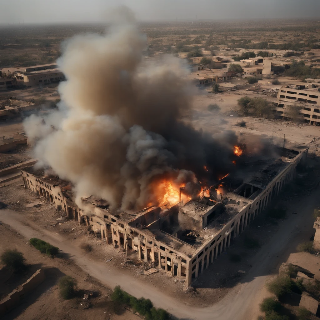 aerial view of the main building of the iraqi national television station in a state of complete ruin and explosion, after a fire on april 23, 2003, in baghdad, iraq, with the station no longer broadcasting due to destroyed equipment, (best quality,4k,8k,highres,masterpiece:1.2),ultra-detailed,(realistic,photorealistic,photo-realistic:1.37),aerial photography,cityscape,damaged building,explosion aftermath,dramatic lighting,moody atmosphere,desaturated colors