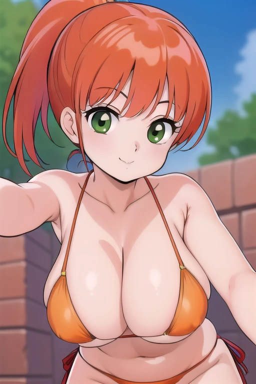 masterpiece,best quality,ultra detail,close up, girl, smile,YohkoAsagiri,1girl,ruins,orange hair,long ponytail,green eyes, ((red bikini))