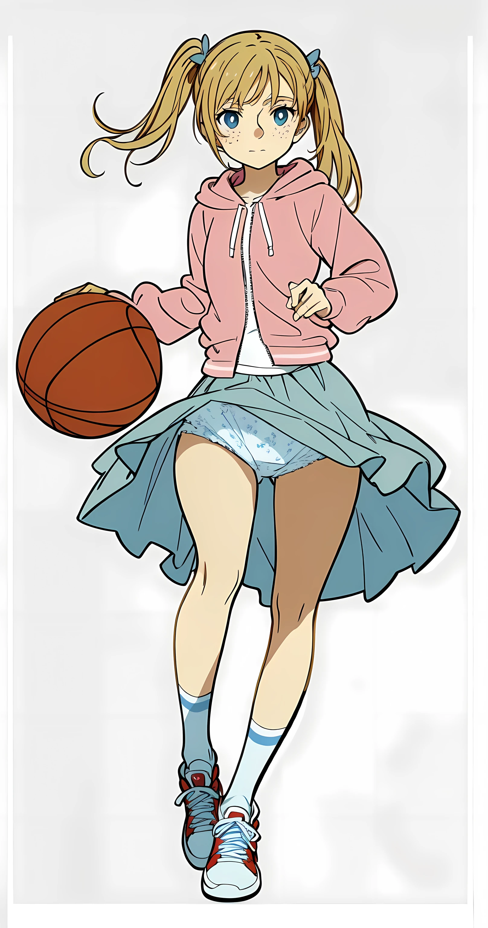 (best quality:1.0), (masterpiece:1.0), (super fine illustration:1.0), (beautiful artwork:1.0), (anime screencap:1.0), (official art:1.0), (european:1.5), (full body:1.0), (playing basketball:1.25), (running:1.5), (skirt blowing up:1.25), (detailed white cotton panties:1.5), (best quality:1.0), (masterpiece:1.0), (super fine illustration:1.0), (beautiful artwork:1.0), (anime screencap:1.0), (official art:1.0), (european:1.5), (cheerful:1.0), (white background:1.0), (best quality:1.0), (masterpiece:1.0), (super fine illustration:1.0), (beautiful artwork:1.0), (anime screencap:1.0), (official art:1.0), (solo:1.0), (european:1.0), (a 18yo cute girl:1.0), (long skirt:1.0), (light blue skirt:1.0), (flare skirt:1.0), (pink long sleeve hoodie:1.0), (white t-shirt:1.0), (sneakers:1.0), (white socks:1.0), (ideal ratio body proportions:1.0), (lanky:1.0), (tall:1.0), (slender:1.0), (small breasts:1.0), (smaller face:1.0), (freckles:1.0), (detailed beautiful eyes:1.0), (detailed beautiful face:1.0), (glowing blue eyes:1.0), (long hair:1.0), (twin tails:1.0), (swept bangs:1.0), (blonde hair:1.0), (looking at viewer:1.0)