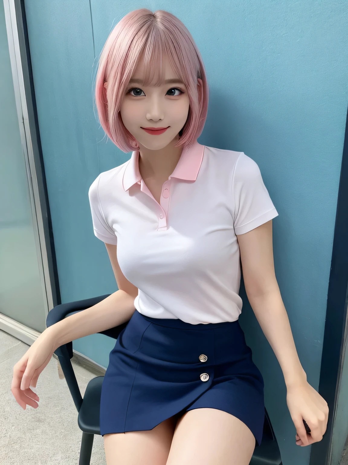 highest quality, figure, sexy、slender、Navy blue open front polo shirt、sexy very detailed, Fine details,Slim body、slender、Japanese girl、 High resolution, 8k,wallpaper, Perfect dynamic composition, Beautiful fine details, Short Bob Hair、Pink Hair Color,Big Natural Color Lip, Bold sexy pose,smile、Cold Stare,20-year-old girl、Cute type、Lolita、Good Eyes、whole body,Pink wall,Sitting on a chair、Sexy thighs are visible、Navy blue mini skirt、