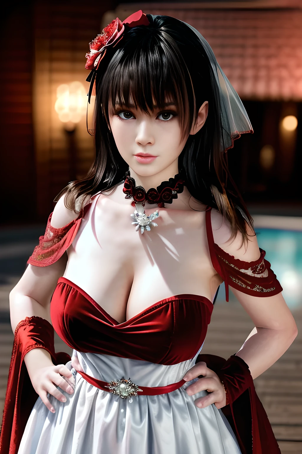 1girl,(RED theme: 1.2), (Velvet fabric Wedding dress: 1.2), (Ice flower Robe: 1.5), ,garden,moon,huge breasts,lactating,(lip gloss),(masterpiece), best quality, (real life portrait photography:1.5),unltra detailed,8K,Shot with a professional-grade camera like the Nikon D850,every intricate detail is captured, from the subtlest expression to the glimmer of anticipation in her eyes,,nanami