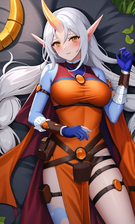 sexy body, , blaue Haut, Ein Horn, Zerrissene Kleidung, Soraka-Liga der Legenden, , Orange Bekleidung, zitternde Beine, winzig , side breasts